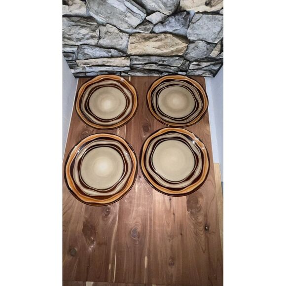 4 SABATIER STONEWARE WAVES BROWN AND ORANGE Plates 8 1/4" - Picture 1 of 6
